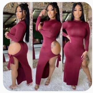 Chic Long Sleeve Burgundy Dress with Cut-Outs